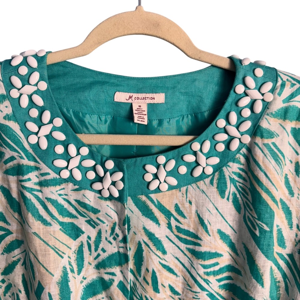 JM Collection Teal Tropical Leaf Print Linen Jacket Beaded Neckline Size 16 - Picture 4 of 7